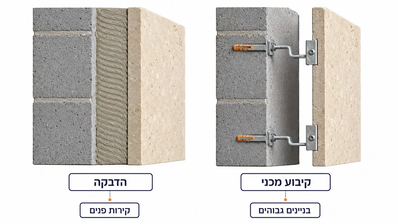 שיטות קיבוע חיפוי אבן - הדבקה מול קיבוע מכני
