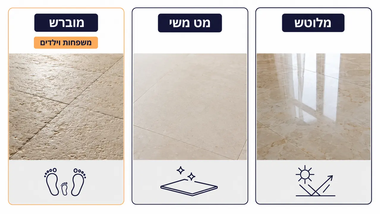 גימורי ריצוף פנים מאבן: מבוהק, מט ומוברש